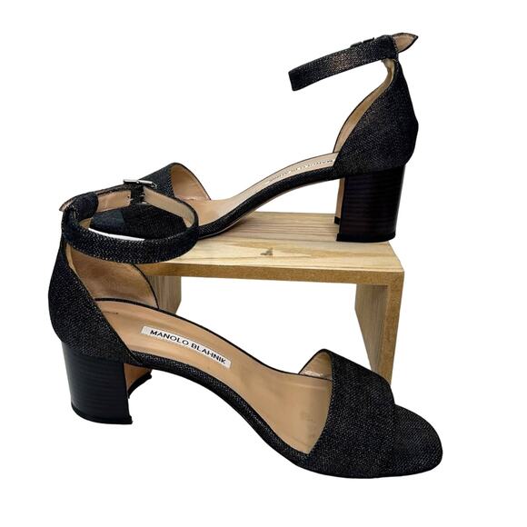 Manolo Blahnik Lauratomod Denim Ankle-Wrap Sandal in Metallic Wash Denim - Picture 4 of 9